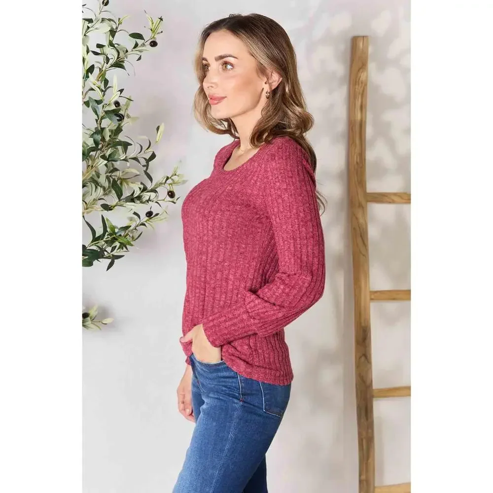Double Take Ribbed Round Neck Lantern Sleeve Blouse - Picture 3 of 15